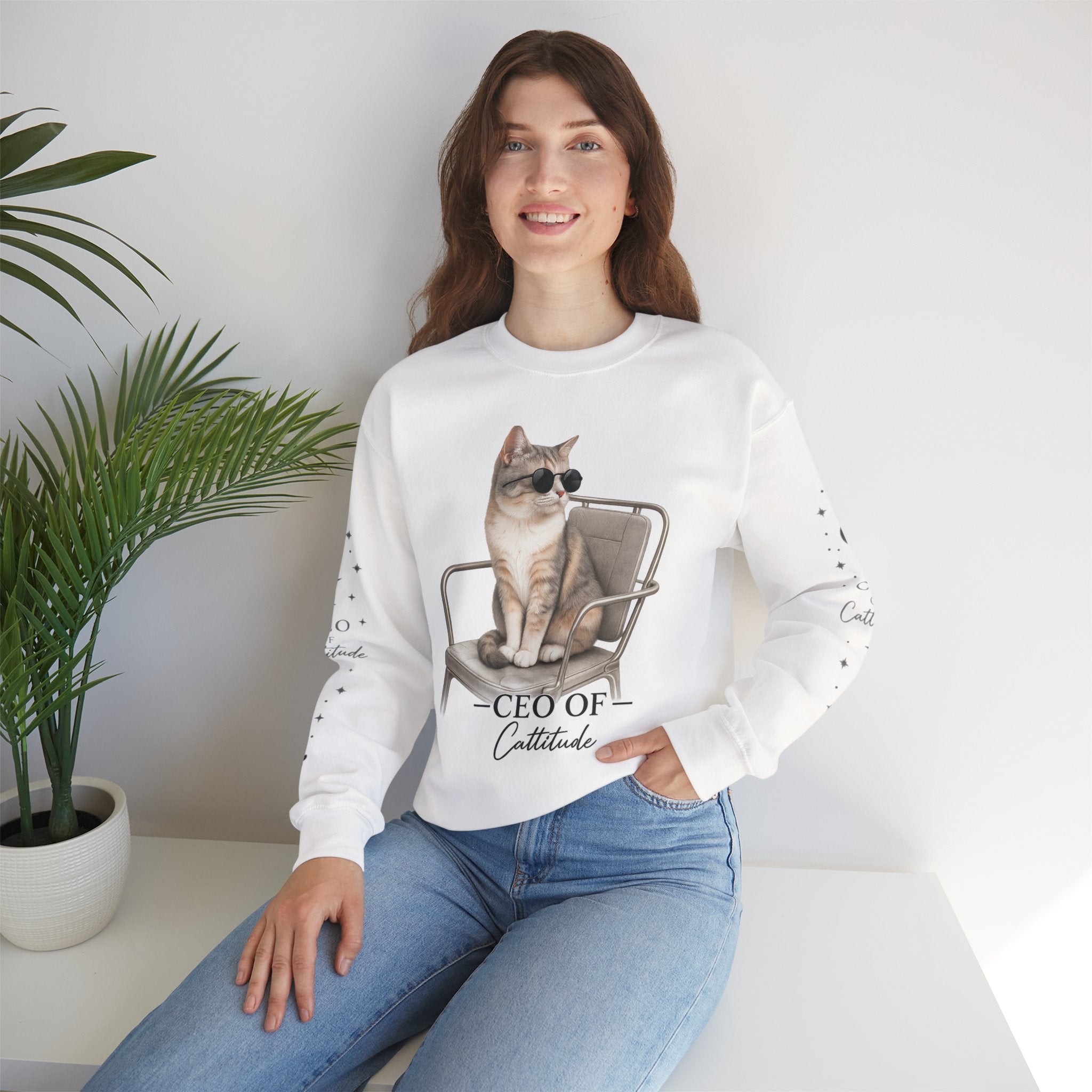 Crewneck Sweatshirt — "CEO of Cattitude" Cat Graphic Pullover